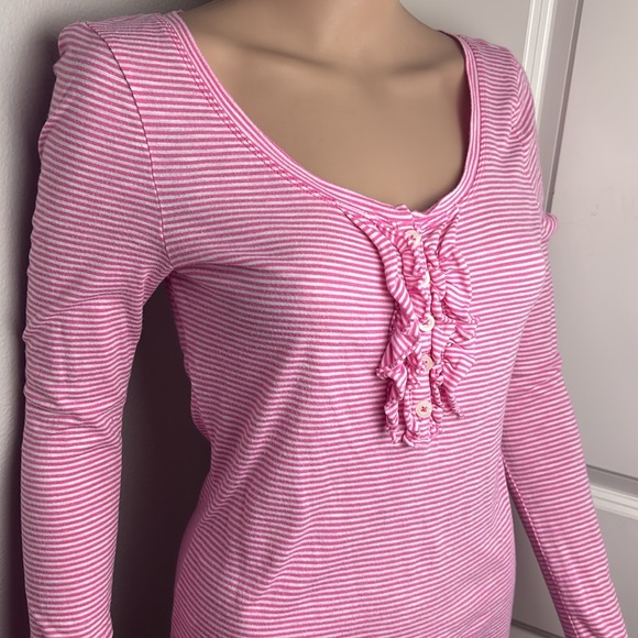 Long sleeve cotton stripe ruffle Henley scoop neck T-shirt Barbie Barbiecore - Picture 15 of 15